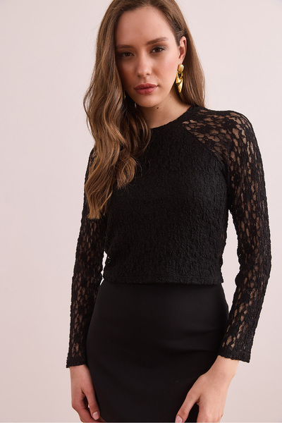 Olalook Γυναικεία μαύρη μπλούζα με λαιμόκοψη ελαστική δαντέλα BLZ- 19002928