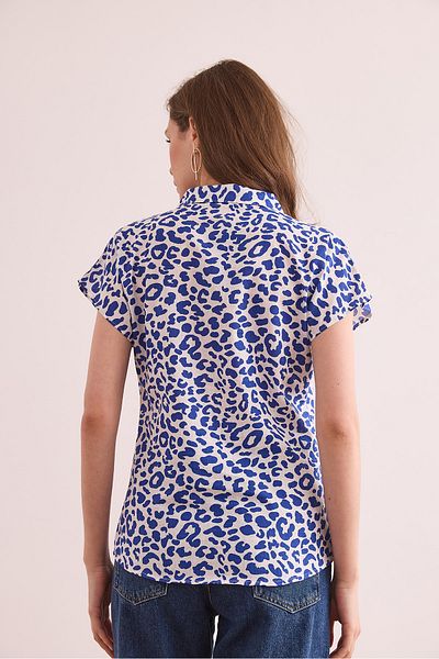 Olalook Γυναικείο Leopard Navy Blue Flared Linen Πουκάμισο GML- 19001317