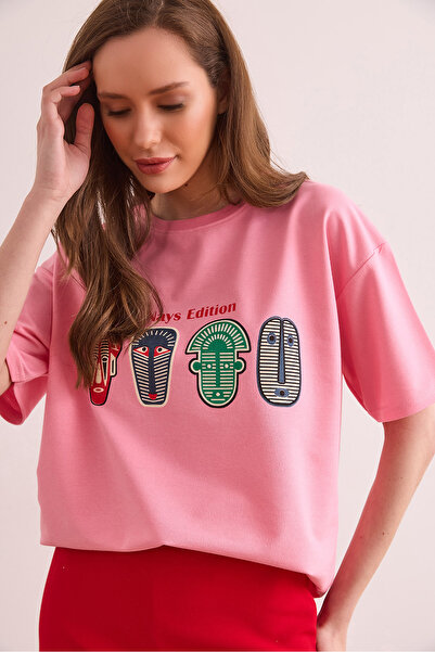 Olalook Γυναικείο μπλουζάκι με ροζ Αζτέκων φιγούρες με 2 κλωστές TSH- 19000876