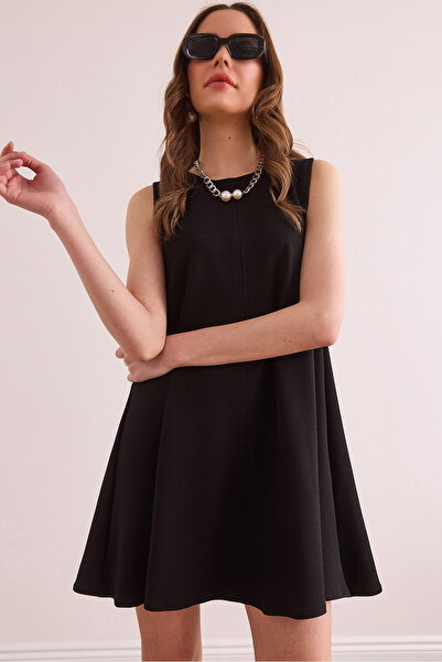 Olalook Women's Black Front Stitched Back Zipper Mini Crepe Bell Dress Elb- 19002378