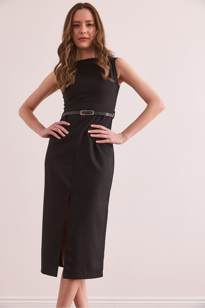 Olalook Γυναικείο Μαύρο Φόρεμα Πολυβισκόνης με Σχιστό Μπροστινό Ζώνη ELB- 19002379