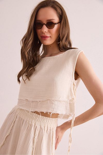 Olalook Women's Ecru Double Layer Dirty Stitching Lace Detailed Muslin Blouse Blz- 19002924