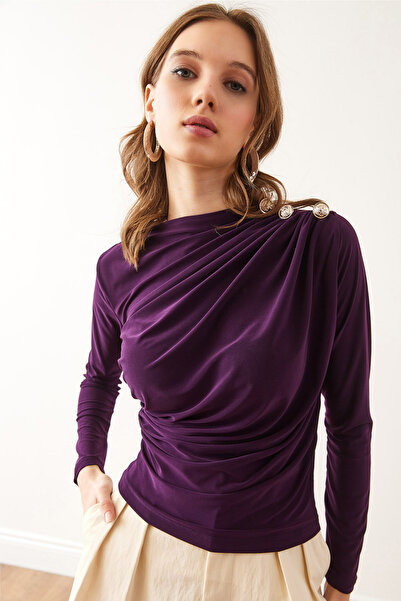 Olalook Women's Purple Shoulder Buttoned Draped Detail Sandy Blouse Blz- 19002832