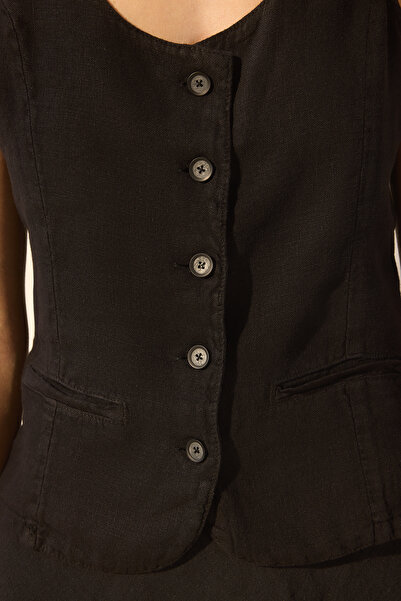 Trendyol Collection Black 100% Linen Button Detail Blouse Twoss25Bz00473