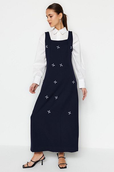 Trendyol Modest Navy Blue Stone Processing Detailed Square Collar Woven Gilet Dress Tctss23Eb00157