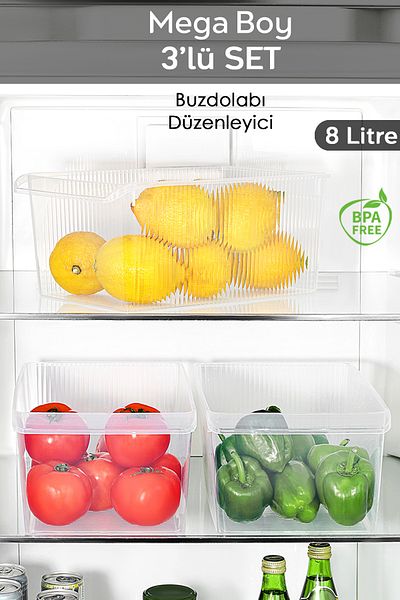 Meleni Home 3 Pieces In-Cabinet Refrigerator Organizer - Refrigerator Fruit Vegetable Storage Container Organizer Basket 8 Liters