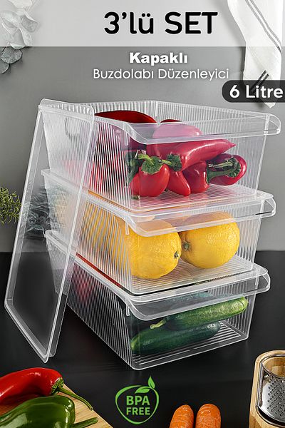 Meleni Home 3 Pieces of Covered Cabinet Refrigerator Organizer - Fruit Vegetable Storage Container Refrigerator Organizer 6 Lt