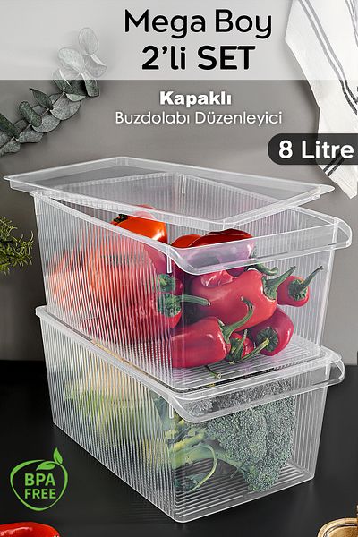 Meleni Home 2 Pieces of Covered Cabinet Refrigerator Organizer - Organizer Basket Fruit Vegetable Storage Container 8 Lt