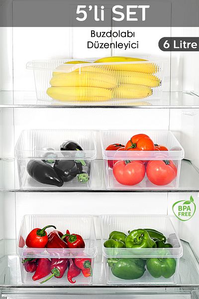 Meleni Home 5 Pieces In-Cabinet Refrigerator Organizer - Fruit Vegetable Storage Container Refrigerator Organizer Basket 6 Liters