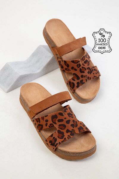 SOHO Leopard-Tan Genuine Leather Women's Slippers 20525