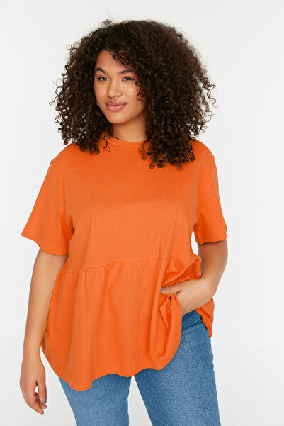 Trendyol Curve Oranžové tričko s výstřihem ze 100% bavlny – Tbbss22ts2094
