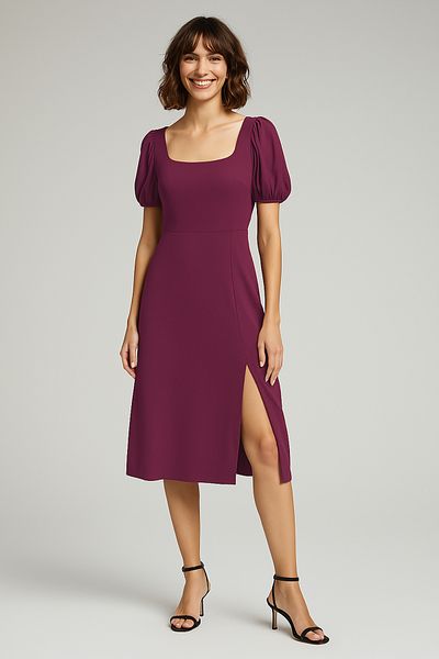 Trendyol Collection Πλεκτό μίντι πλεκτό φόρεμα με τετράγωνο γιακά με δαμάσκηνο μανίκι σε γραμμή Α με σχισμή με λεπτομέρεια Twist/Texture TWOSS23EL01533