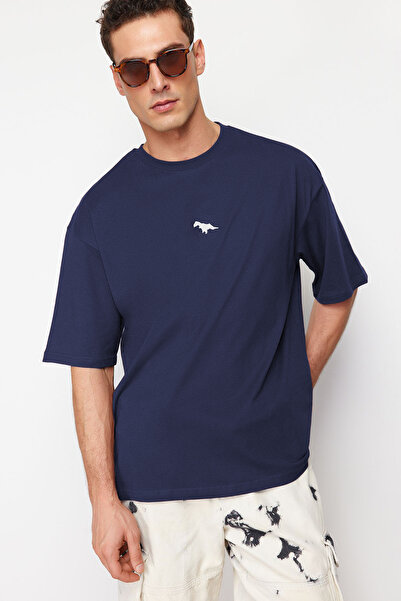 Trendyol Collection Бавовняна сорочка з вишивкою динозавра в стилі індиго з коротким рукавом TMNSS23TS00243