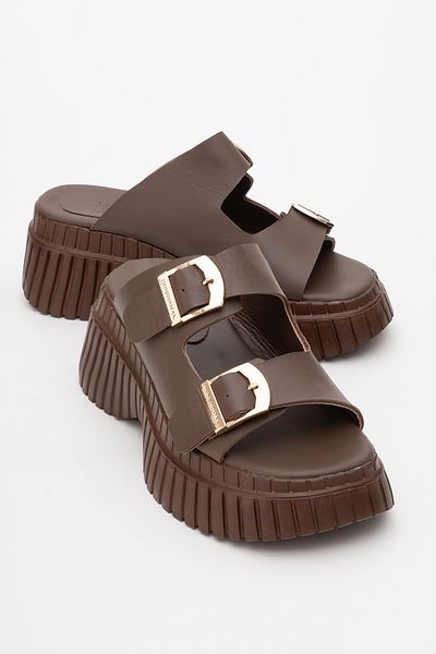 LuviShoes شبشب نسائي ذو نعل عريض من الجلد الطبيعي ذو رباط مزدوج من JOANES باللون البني