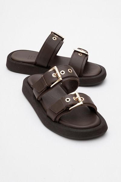 LuviShoes FINEZZA Brown Genuine Leather Women's Double-Strapped Flat Slippers