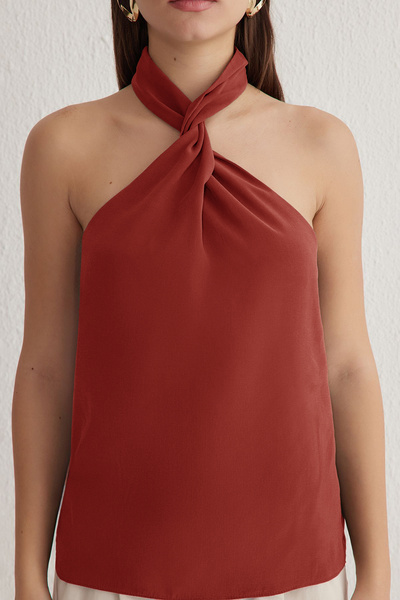 Trendyol Collection Tile Modal Halter Neckline Knotting Woven Blouse Twoss25Bz00247