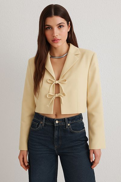 Trendyol Collection Yellow Lacing Detail Lined Crop Woven Blouse Blazer Jacket Twoss25Bc00025
