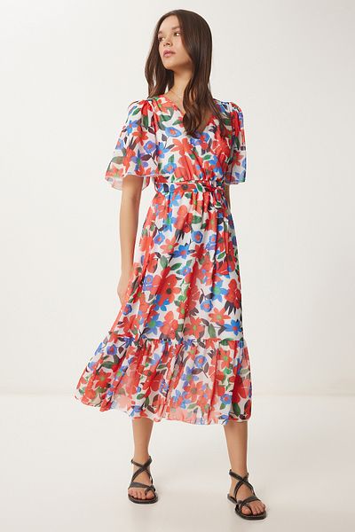 Happiness İstanbul Rochie de vară din șifon cu volan, portocaliu, albastru, cu modele florale CI00115