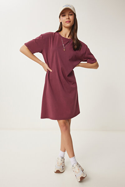 Happiness İstanbul Women's Burgundy Faded Effect Basic Knitted Dress Bf00102