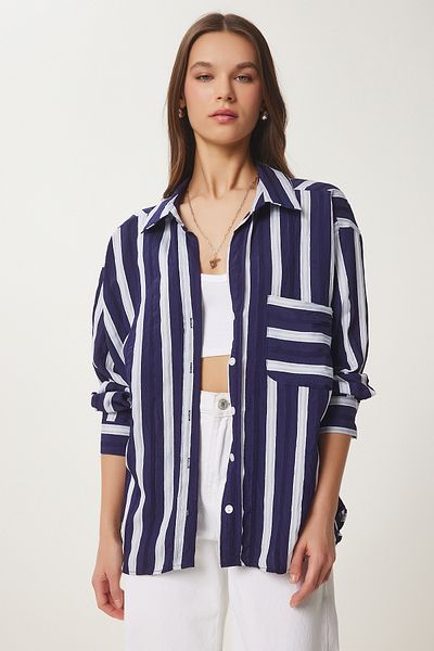 Happiness İstanbul Women's Navy Blue Striped Woven Shirt Oh00060