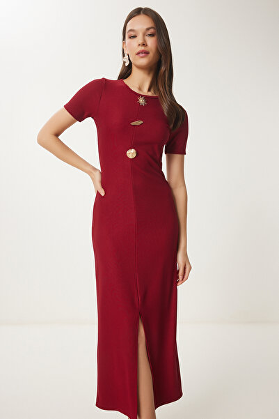 Happiness İstanbul Women's Burgundy Gold Accessory Ribbed Knitted Dress Zh00045