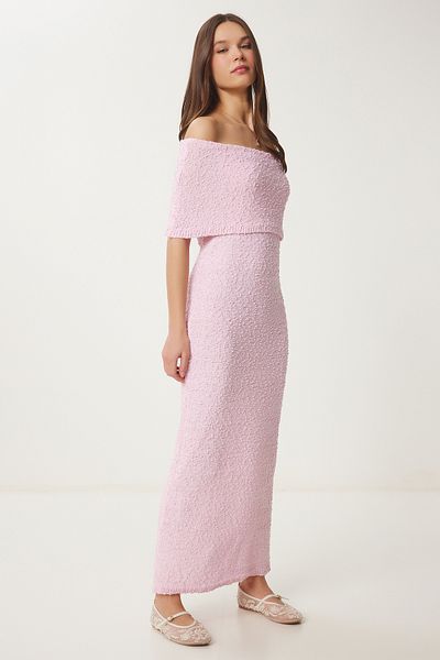 Happiness İstanbul Rosa Carmen-Kragen-Sommer-Strickkleid für Damen YY00234