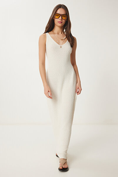 Happiness İstanbul Női krémszínű pántos nyári kötöttáru ruha YY00235