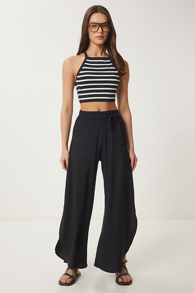 Happiness İstanbul Schwarze Ayrobin Shalwar-Hose mit seitlichem Schlitz für Damen ZV00284
