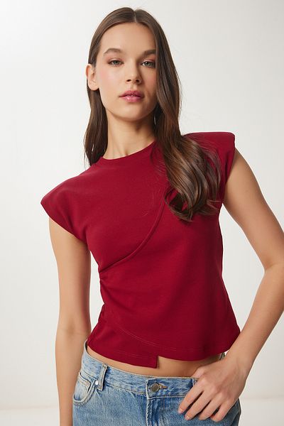 Happiness İstanbul Burgunderrote, wattierte, asymmetrische Strickbluse für Damen CR00480