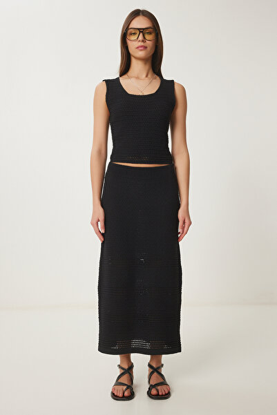 Happiness İstanbul Women's Black Openwork Summer Knitwear Blouse Set Nf00084