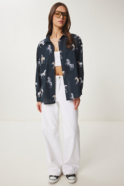 Happiness İstanbul Dámská antracitová vzorovaná mírně průhledná košile DP00241