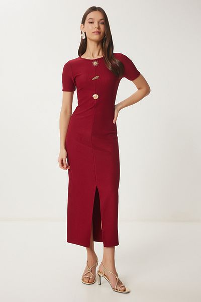 Happiness İstanbul Burgunderrotes Damen-Strickkleid mit goldenen Accessoires ZH00045