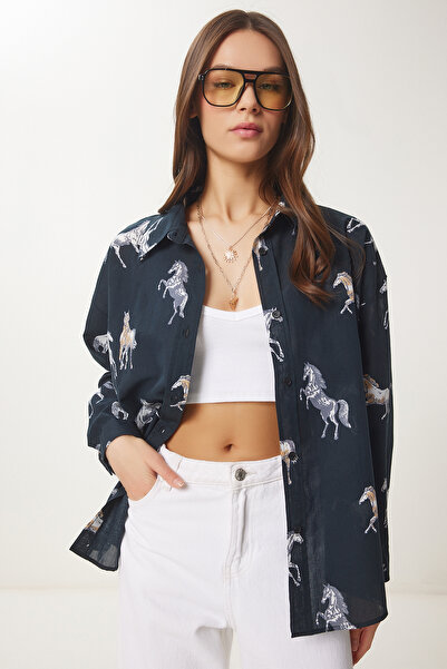 Happiness İstanbul Dámská antracitová vzorovaná mírně průhledná košile DP00241