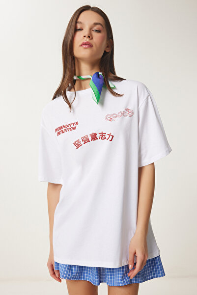 Happiness İstanbul Weißes, übergroßes, bedrucktes Baumwoll-Strick-T-Shirt für Damen UB00371