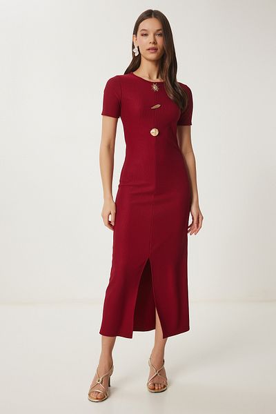 Happiness İstanbul Burgunderrotes Damen-Strickkleid mit goldenen Accessoires ZH00045
