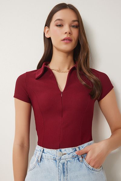 Happiness İstanbul Burgunderrote Damen-Strickbluse mit Polokragen und Reißverschluss CI00114