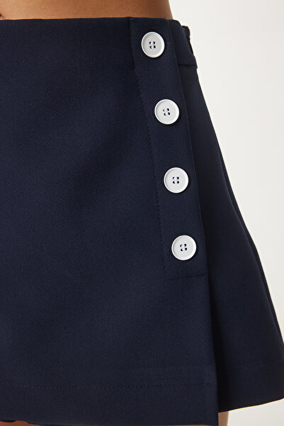 Happiness İstanbul Marineblauer, gewebter Shorts-Rock mit Knöpfen für Damen WF00100