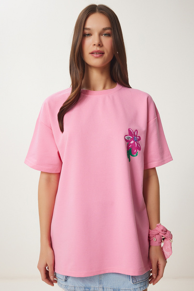 Happiness İstanbul Γυναικείο πλεκτό μπλουζάκι με ροζ λουλούδι με στάμπα ZV00282