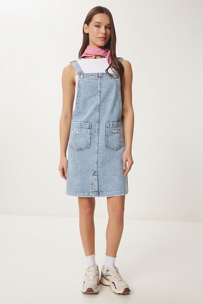 Happiness İstanbul Women's Blue Pocket Mini Denim Salopet Dress Ok00068