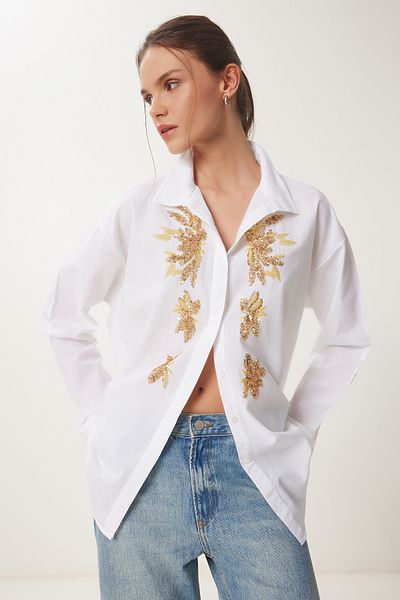 Happiness İstanbul Women's White Embroidery Embroidered Sequin Linen Shirt Jh00052