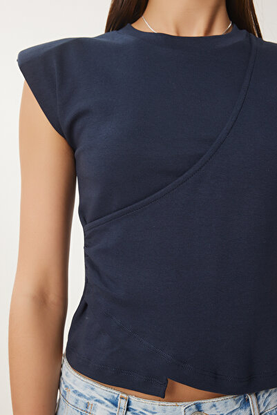 Happiness İstanbul Γυναικεία μπλούζα με μπλε ναυτικό ασύμμετρη πλεκτή μπλούζα CR00480