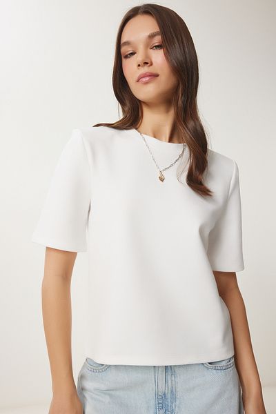 Happiness İstanbul Weißes Damen-T-Shirt aus wattierter Baumwolle DZ00121
