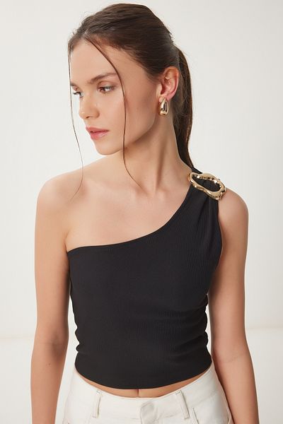 Happiness İstanbul Women's Black Single Shoulder Buckle Ribbed Crop Blouse Kh00096