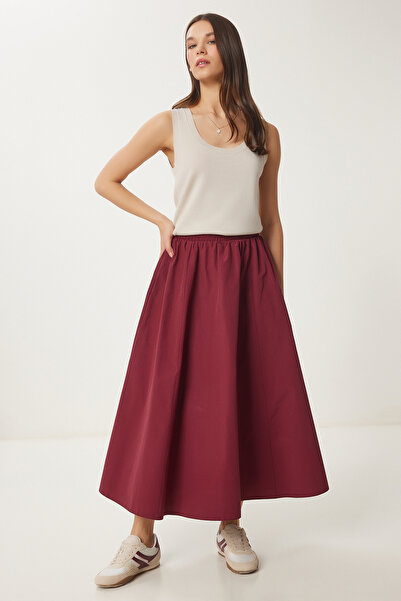 Happiness İstanbul Women's Burgundy Linen Blended Maxi Skirt Gp00011