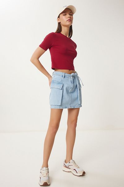 Happiness İstanbul Burgunderrotes Damen-T-Shirt mit Rundhalsausschnitt UB00064