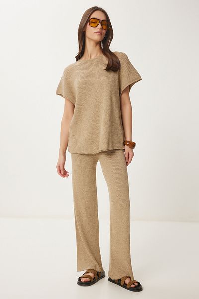 Happiness İstanbul Beige Damen-Strickbluse und Hosenanzug DP00240