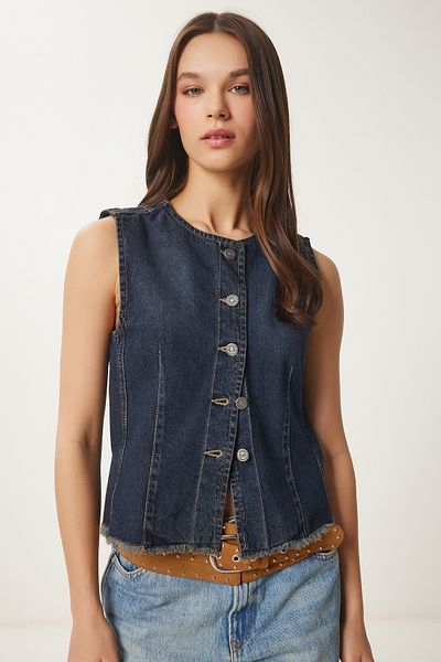 Happiness İstanbul Dunkelblaue, figurbetonte Jeansweste für Damen NS00416