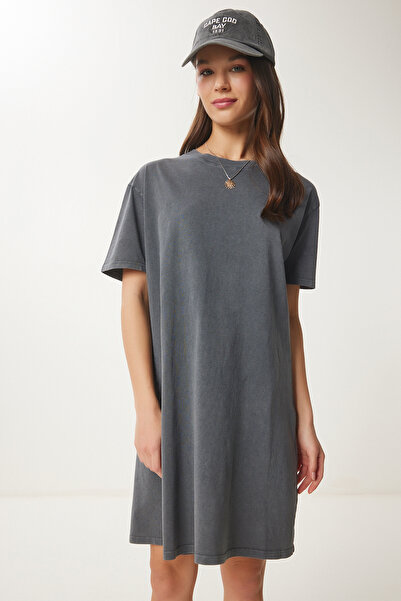 Happiness İstanbul Dámské základní pletené šaty s antracitovým vybledlým efektem BF00102