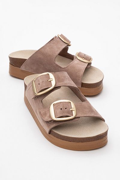 LuviShoes Papuci de damă din piele naturală cu bandă dublă din piele întoarsă, nisip, cu talpă groasă