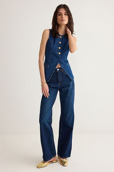 Trendyol Collection Detail prošívání knoflíků tmavě modrého zlata Džínová vesta Twoss25Ye00001